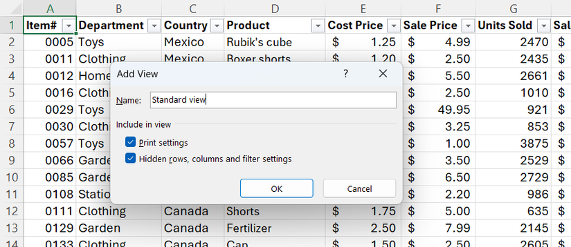 Standard view is typed into the Name field of the Add View dialog box in Excel.