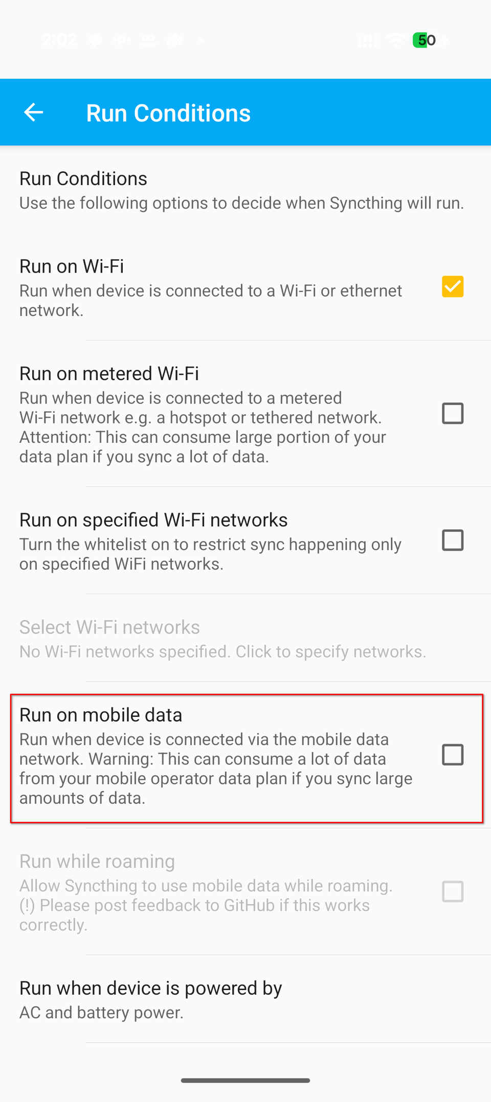 Syncthing Fork Android app with the Run on mobile data option highlighted.