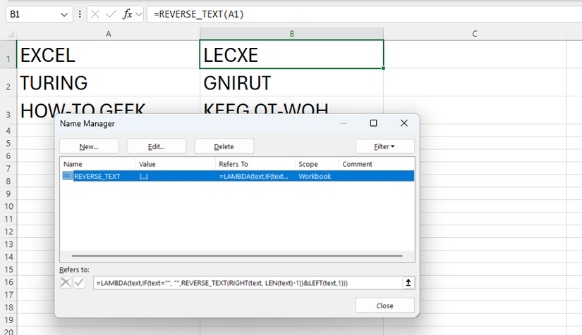 Trình quản lý Tên (Name Manager) trong Excel định nghĩa một hàm đệ quy tên REVERSE_TEXT. Lưới bảng tính hiển thị cột A với các từ như 'EXCEL' và 'TURING', trong khi cột B hiển thị các từ đó đã được đảo ngược thành công bằng công thức tùy chỉnh =REVERSE_TEXT(A1), minh họa đệ quy chức năng trong bảng tính.
