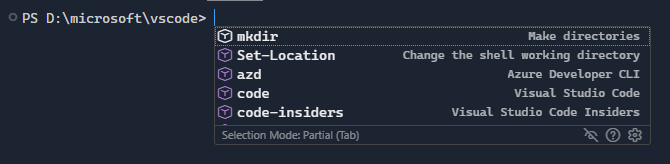 Sugestões de terminal no Visual Studio Code