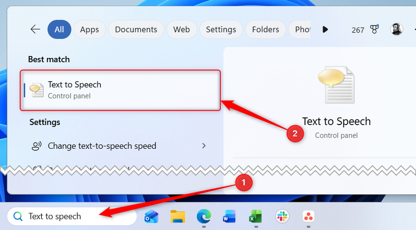 'Text to speech' is typed into the Windows 11 task bar search bar, and the resultant Control Panel option is selected.