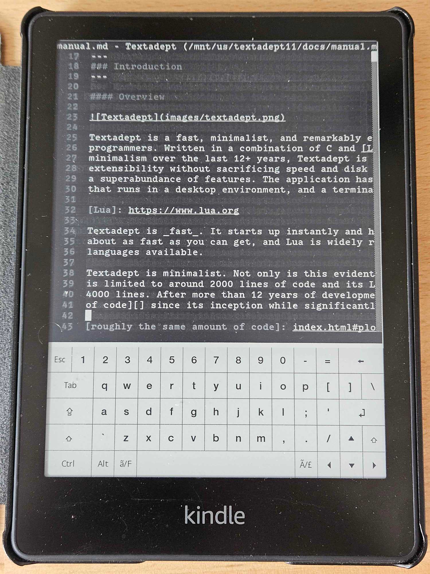 Textadept text editor running on a jailbroken Kindle.