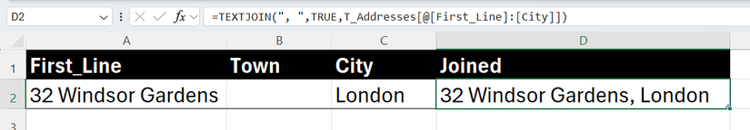 TEXTJOIN в Excel: адресные строки склеены — пустые ячейки пропущены.