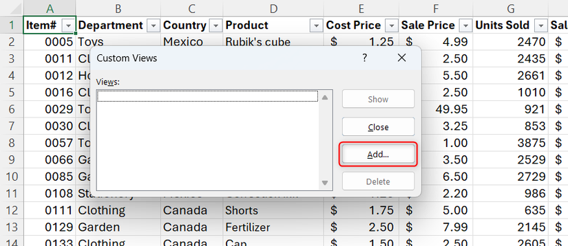 The Add button in Excel's Custom Views dialog box.