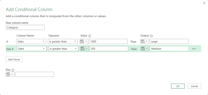 Hình 8: Hộp thoại Add Conditional Column trong Excel's Power Query Editor, với doanh số lớn hơn 500 trả về từ 'Medium'.