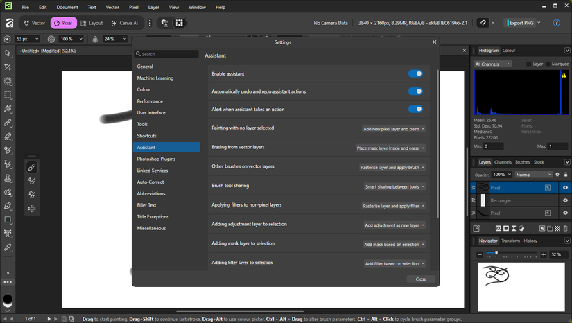 The Assistant controls in Affinity.