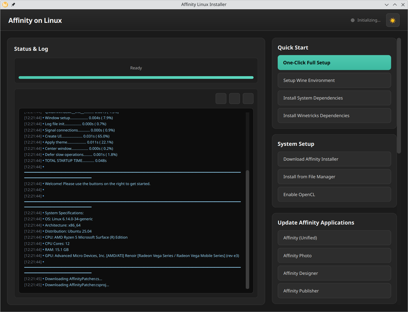 O instalador automático do Affinity no Linux.