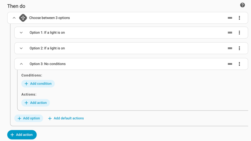 A ação de escolha em uma automação do Home Assistant.