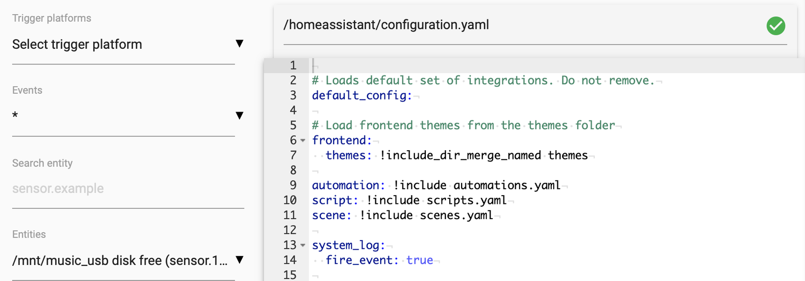 The configuration yaml for Home Assistant showing the system_log fire_event set to true.