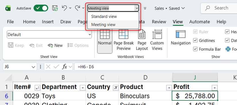 The Custom View drop-down menu in the Excel QAT, with Meeting view and Standard view presented as options.