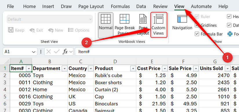The Custom Views button in Excel's View tab is selected.