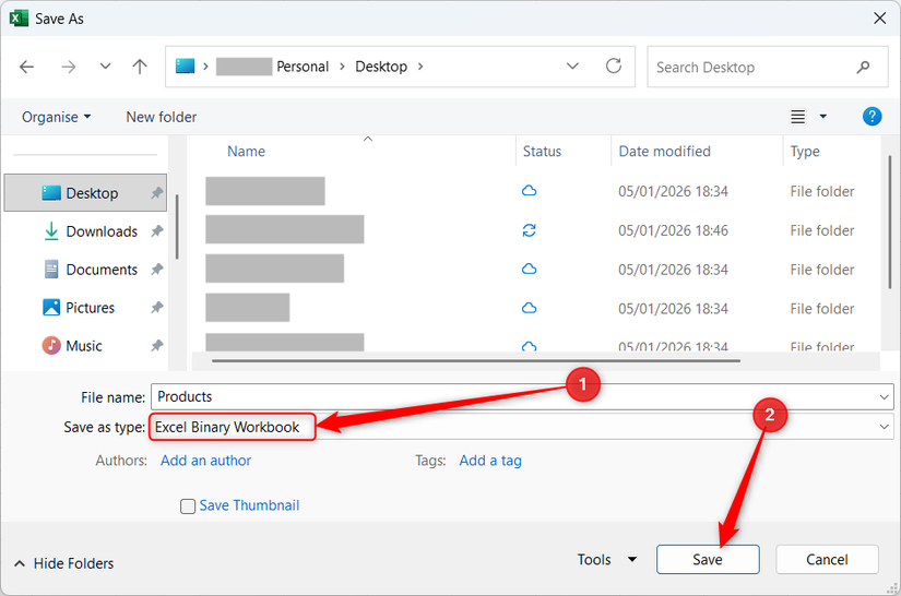 The Excel Save As window, with Excel Binary Workbook selected in the Save as type drop-down menu.
