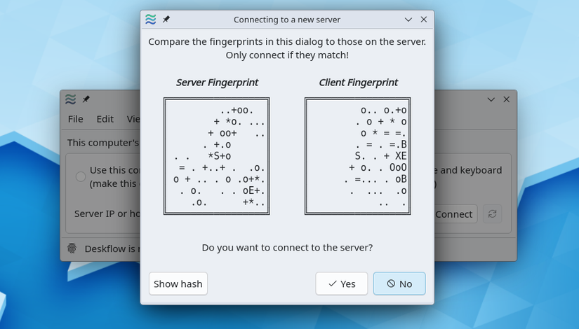 As impressões digitais de um cliente e servidor no aplicativo Deskflow.