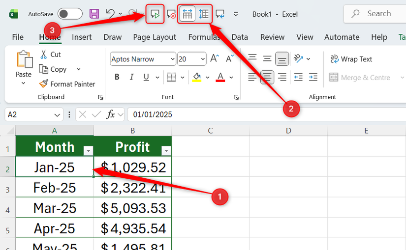 The first data cell in an Excel table is selected, Speak Cells by Row is activated, and Speak Cells is highlighted.