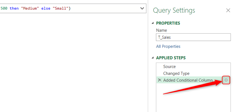 Hình 11: Biểu tượng bánh răng cạnh Added Conditional Column trong ngăn Applied Steps của Power Query Editor.