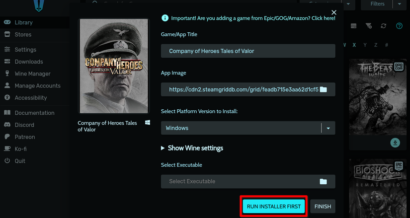 The Heroic Games Launcher add game interface with a red box around the Run Installer First button.