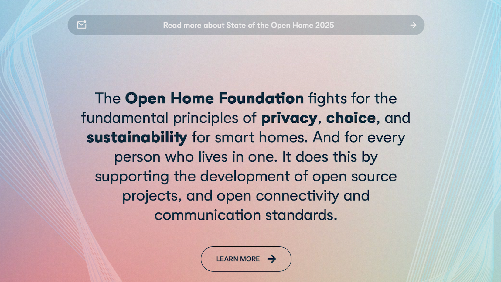 Главная страница Open Home Foundation, на которой представлены её ключевые принципы.