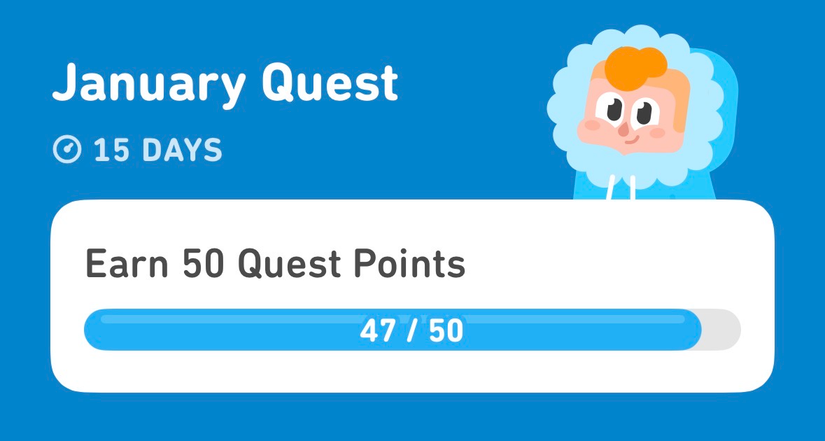 The January Quest screen in the Duolingo app showing 47 Quest Points earned.
