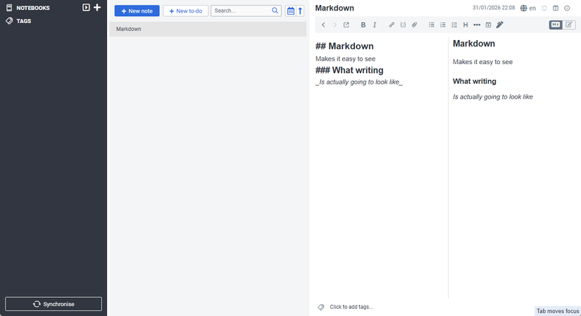 The Joplin edit with its Markdown capabilities highlighted.