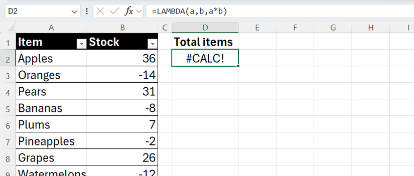 Image 16: Hàm LAMBDA trả về lỗi CALC trong Excel vì chưa được cung cấp dữ liệu để xử lý.
