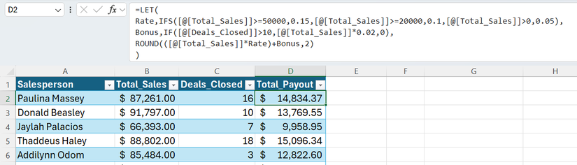 Hình 10: Hàm LET được sử dụng trong bảng Excel để tính tổng thanh toán.