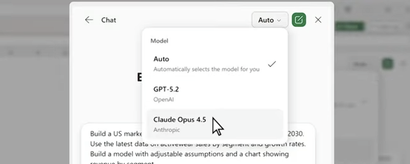The model selector in Agent Mode in the Excel desktop app.