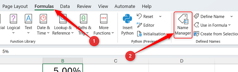 Hình 6: Nút Trình quản lý Tên (Name Manager) trong tab Formulas trên thanh ribbon của Microsoft Excel.