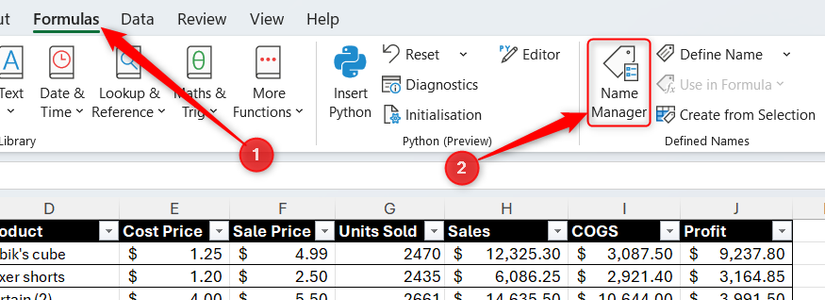 The Name Manager in Excel's Formulas tab.