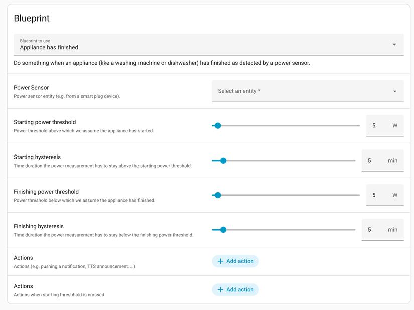 The Notify or do something when an applicane like a dishwasher or washing machine finishes blueprint in Home Assistant.