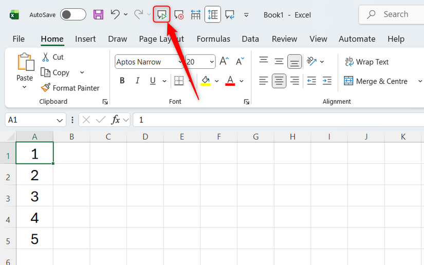 Hình ảnh 10: Các số từ 1 đến 5 được nhập vào các ô A1 đến A5 trong trang tính Excel và nút Speak Cells trong QAT được chọn.