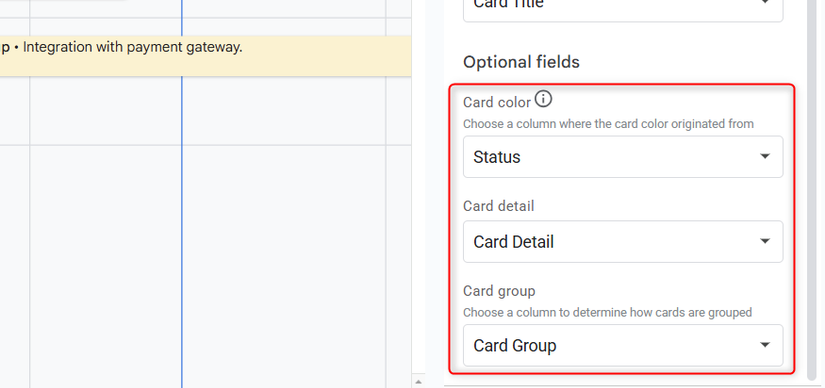 The optional timeline settings in Google Sheets, with Card color set to 'Status', and the Card detail and Card group columns selected for their corresponding tools.