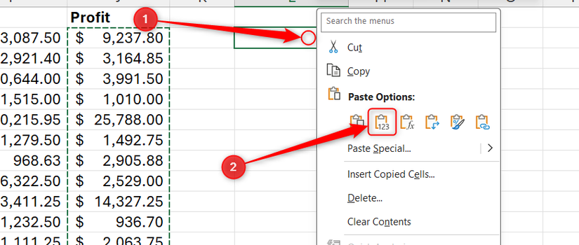 Hình 25: Biểu tượng Paste as Values trong menu ngữ cảnh chuột phải trong Microsoft Excel.