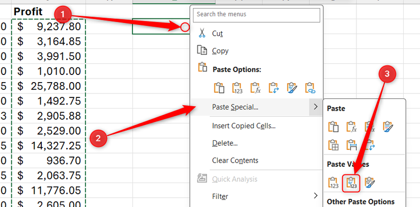 Hình 26: Biểu tượng Paste Values and Number Formatting trong menu ngữ cảnh chuột phải trong Microsoft Excel.
