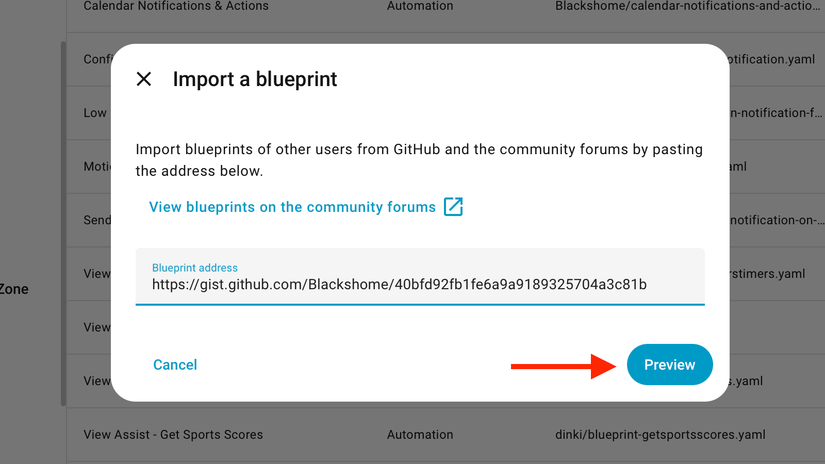 The Preview button for a blueprint in Home Assistant.