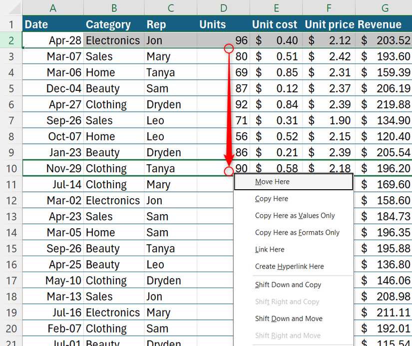 The right-click-drag context menu in Microsoft Excel.