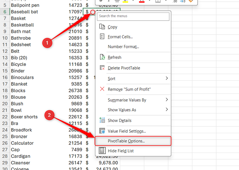 The right-click menu of a cell in an Excel PivotTable is expanded, and PivotTable Options is selected.