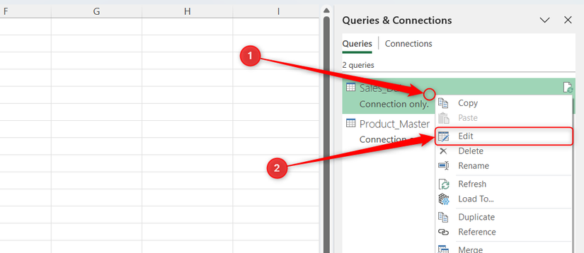 Hình 17: Menu chuột phải của một truy vấn trong Queries and Connections trong Excel được mở rộng, và Edit được chọn.