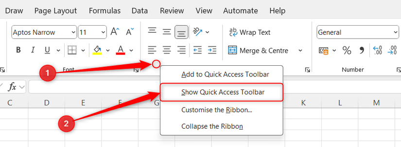 Hình ảnh 4: Menu chuột phải trên ribbon Microsoft Excel được mở rộng và tùy chọn Show Quick Access Toolbar được chọn.