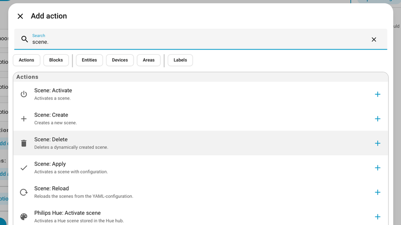 As ações scene.create e scene.activate no editor de automação do Home Assistant.