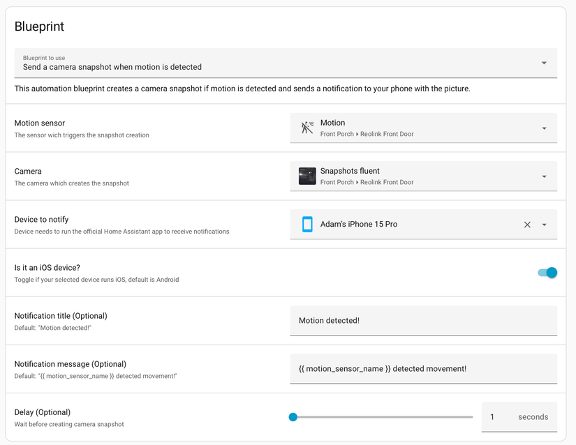 The Send camera snapshot notification on motion blueprint in Home Assistant.