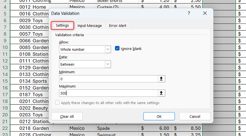 Hình 9: Tab Settings trong hộp thoại Xác thực Dữ liệu (Data Validation) của Excel.