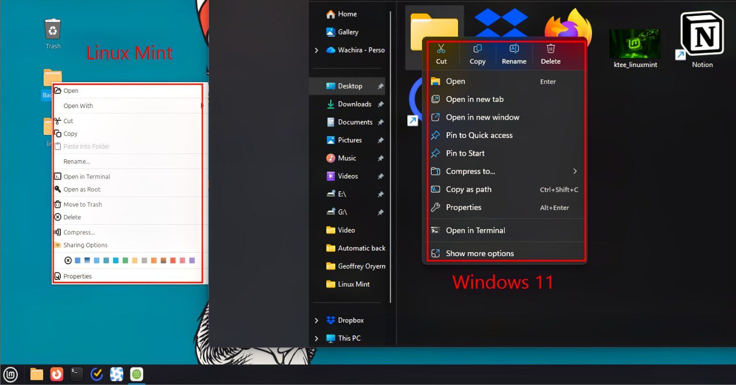 The similarities between right-clicking on Windows and Linux Mint