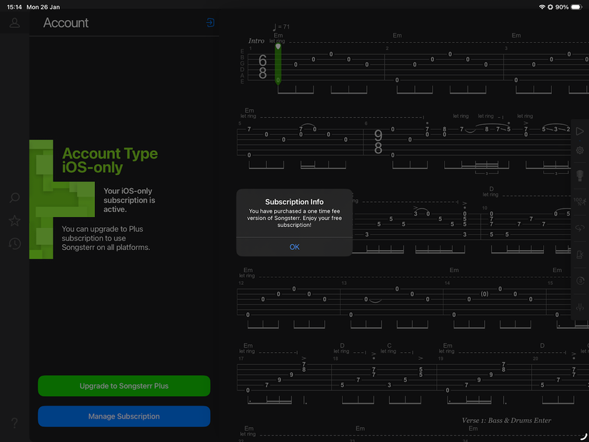 The Songsterr lifetime purchase notification.