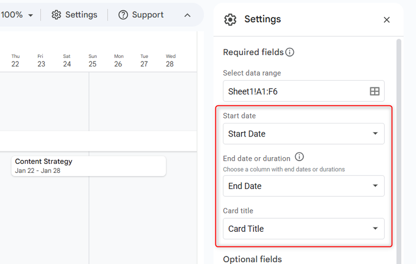 The start date, end date, and card title are automatically selected in the timeline Settings sidebar in Google Sheets.