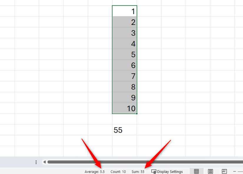 The status bar in Excel displays the average, count, and sum.