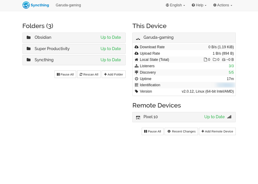 The Syncthing dashboard open on Garuda Linux PC showing three synced folders.