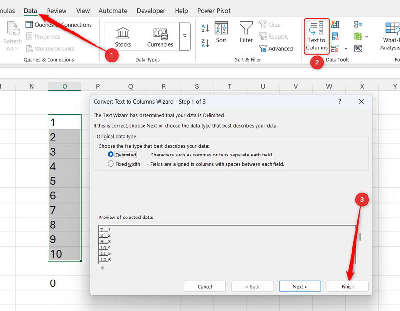 Hình 11: Cửa sổ Text to Columns (Văn bản thành Cột) trong Excel được mở, và nút Finish (Hoàn tất) được nhấp trong cửa sổ.