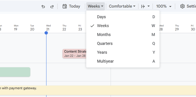The time period toggle button at the top of a Google Sheets timeline.