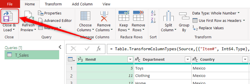 Hình 3: Nửa trên của biểu tượng Close and Load được tách trong tab Home của Power Query Editor.