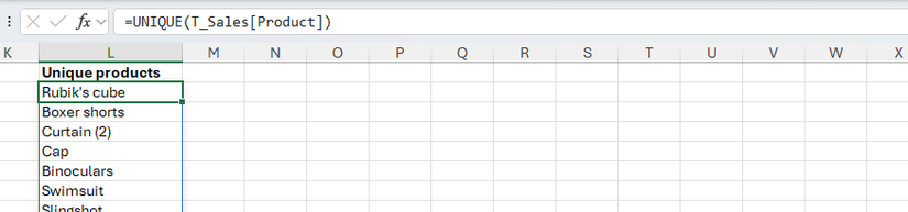 Hình 19: Hàm UNIQUE trong Excel tạo ra một dải ô tràn (spilled range) chứa tên sản phẩm từ một bảng.